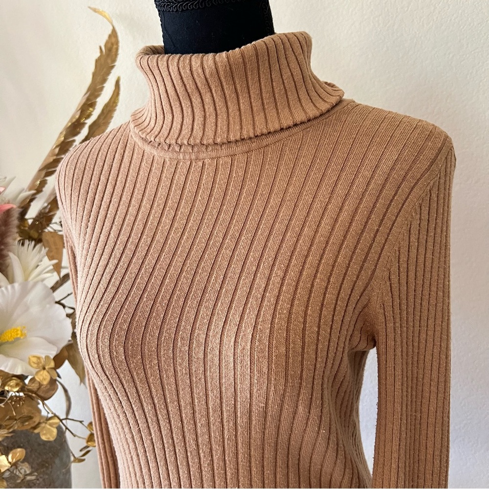 Charter Club Ribbed Fitted Cotton Tan Turtleneck Sweater - Picture 2 of 10